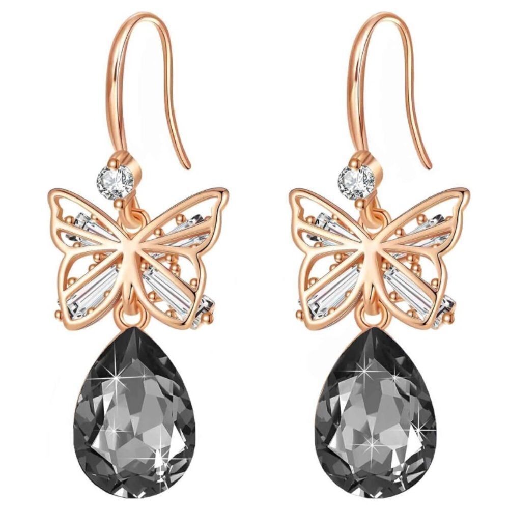 14K Rose Gold with Charcoal Gray Austrian Crystal Butterfly Teardrop Earrings